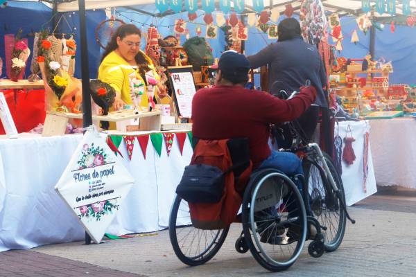 En la imagen se ve desde atrás, a un hombre en silla de ruedas que está observando un stand de un emprendomiento que vende flores de papel, la cual es atendida por una mujer.